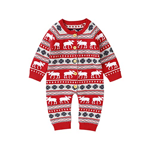 Verve Jelly Neugeborenes Baby Mädchen Jungen Baumwolle Weihnachten Hirsch Strickpullover Strampler Knopf Overall One Piece Bodysuit Outfits Set Rot 2 80 3-6 Monate von Verve Jelly