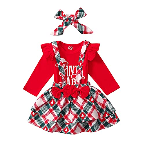 Verve Jelly Neugeborenes Baby Mädchen Kleidung Santa Baby Strampler Overall Top + Karierter Hosenträgerrock + Stirnband 3 Stück Weihnachtsoutfit Set Rot 1 62 0-3 Monate von Verve Jelly