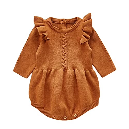 Verve Jelly Neugeborenes Baby Mädchen Rüschen Langarm Strampler Baumwolle Body Overall Strickpullover Herbst Winter Einteilige Outfits Braun 90 12-18 Monate von Verve Jelly
