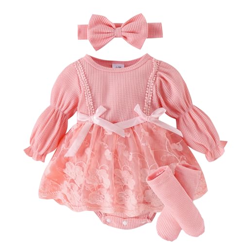 Verve Jelly Neugeborenes Baby Mädchen Stramplerkleid Blumenstickerei Tutu Prinzessin Langarm Einteiler Body Cake Smash Outfit Rosa 9-12 Monate von Verve Jelly