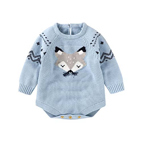 Verve Jelly Neugeborenes Kleinkind Unisex Baby Junge Mädchen Weihnachten Strick Strampler Langarm Fox Print Body Einteiliger Overall Herbstkleidung Blau 90 6-12 Monate von Verve Jelly