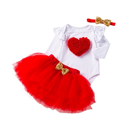 Verve Jelly Neugeborenes Valentinstag-Baby-Outfit Rüschen-Ärmel-Strampler Valentinstag-Bodysuit Herz-Rock-Sets Kleidung mit Stirnband Rot 0–3 Monate von Verve Jelly