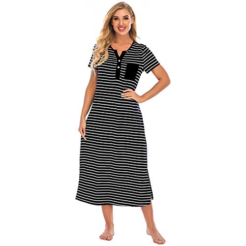 Verve Jelly Roben Damen Button-Down Nachtwäsche Kurzarm Housecoat Ganzkörper Ladies Stripe Nachthemd Loungewear mit Taschen Schwarz XXL von Verve Jelly