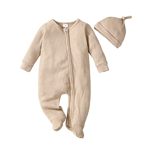 Verve Jelly Säuglings Neugeborenes Unisex Baby Jungen Mädchen Fester Strampler Langarm Reißverschluss Body Einteiliger Overall Footie Pyjamas Outfits Kleidung mit Hut Beige 70 3-6 Monate von Verve Jelly