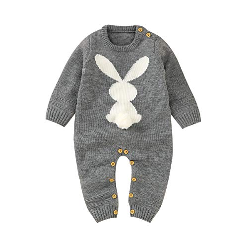 Verve Jelly Säuglingsneugeborenes Baby Jungen Mädchen Gestrickter Strampler Hasendruck Overall Cartoon Langarm Legging Bodysuit Spielanzug Herbst Winterkleidung Grau 90 12-18 Monate von Verve Jelly