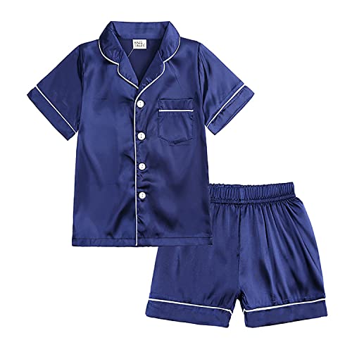 Verve Jelly Satin-Pyjama-Set für Jungen und Mädchen 2-teilig für Teenager Seide Nachtwäsche Kurze Ärmel Button-Down-Nachtwäsche Oberteile Hosen für Kinder 150 Stil B Blau 10–11 Jahre von Verve Jelly