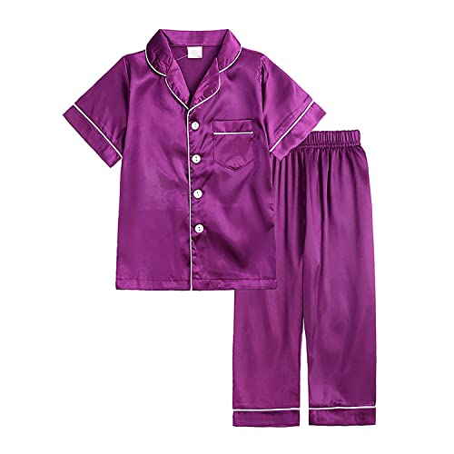 Verve Jelly Satin-Pyjama-Set für Jungen und Mädchen Seidenpyjama kurzärmeliges Hemd Lange Hosen Kinder 2-teilig Nachtwäsche Button-Down-Nachtwäsche 160 Stil A Lila 12–13 Jahre von Verve Jelly