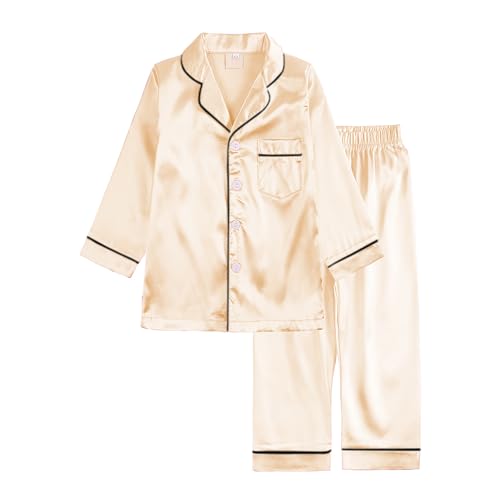 Verve Jelly Satin-Seiden-Pyjama-Set für Babys Mädchen und Jungen süßes einfarbiges Oberteil Button-Down-Hemd Lange Hosen Loungewear Gold 160 12–13 Jahre von Verve Jelly