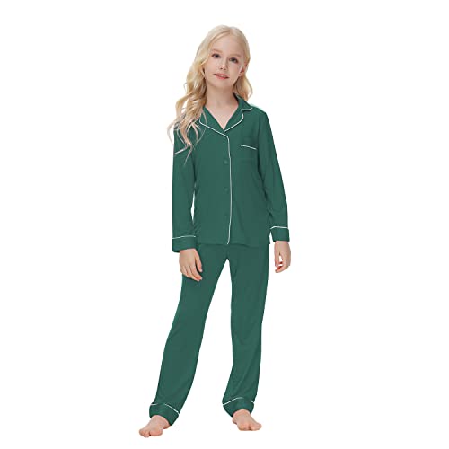 Verve Jelly Unisex-Pyjama-Set 2-teilig für Kinder Mädchen Jungen Pyjama-Set mit Taschen langärmeliges Button-Down-Hemd Lange Hosen Nachtwäsche Grün 130 7–8 Jahre von Verve Jelly