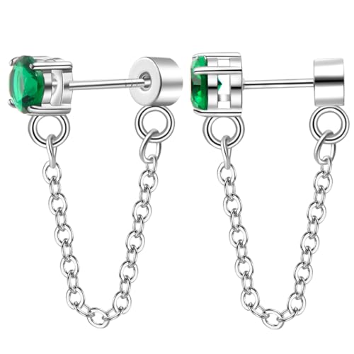 Threadless Flat Back Studs Earrings Chain Dangle Stud Earrings with Green Cubic Zirconia for Women Teens Small Stud Earrings Flat Back Stud Earrings CZ Chain Drop Earrings Studs Stainless Steel Stud von VerveVanguard