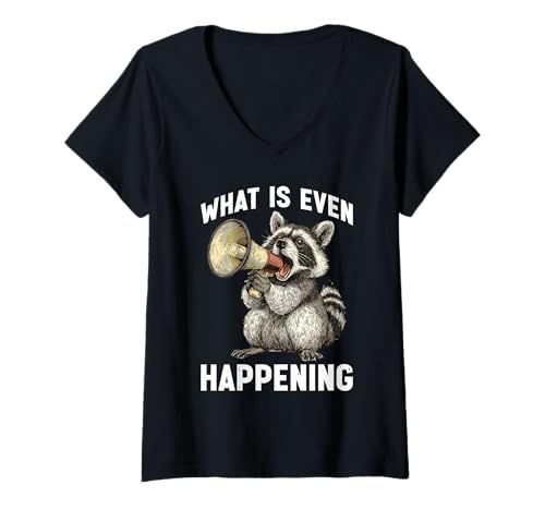 Damen What is Even Happening Verwirrtes sarkastisches Zufall - T-Shirt mit V-Ausschnitt von Verwirrter Kichern Humor