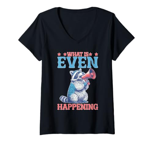 Damen What is Even Happening Verwirrtes sarkastisches Zufall T-Shirt mit V-Ausschnitt von Verwirrter Kichern Humor