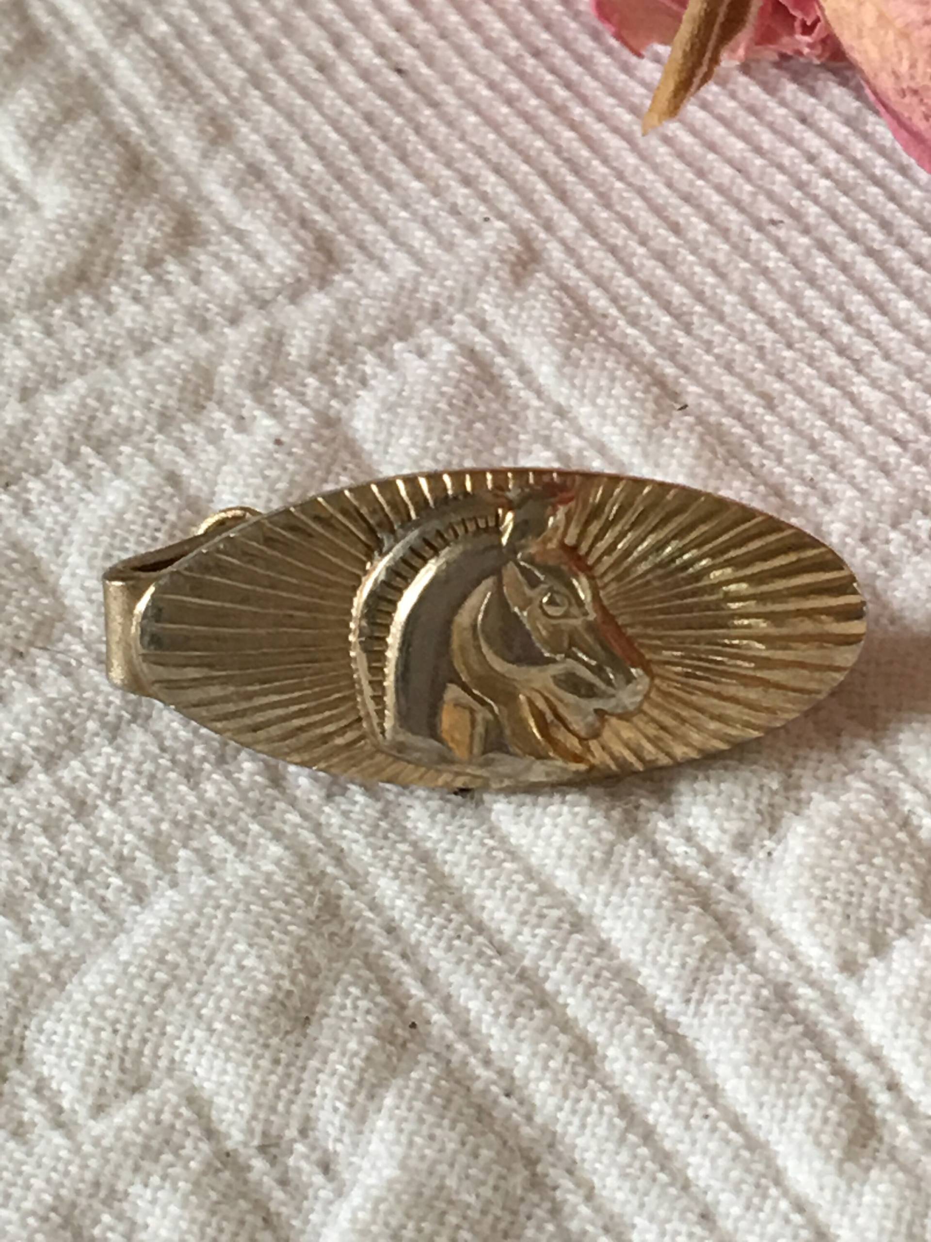 Krawatte Clip. Zwei Gold-Metall-Holme. Ein Oval Mit Sunburst Und Pferd Design, Ein Rechteck Strukturierten Linien von VeryVictorianStudio