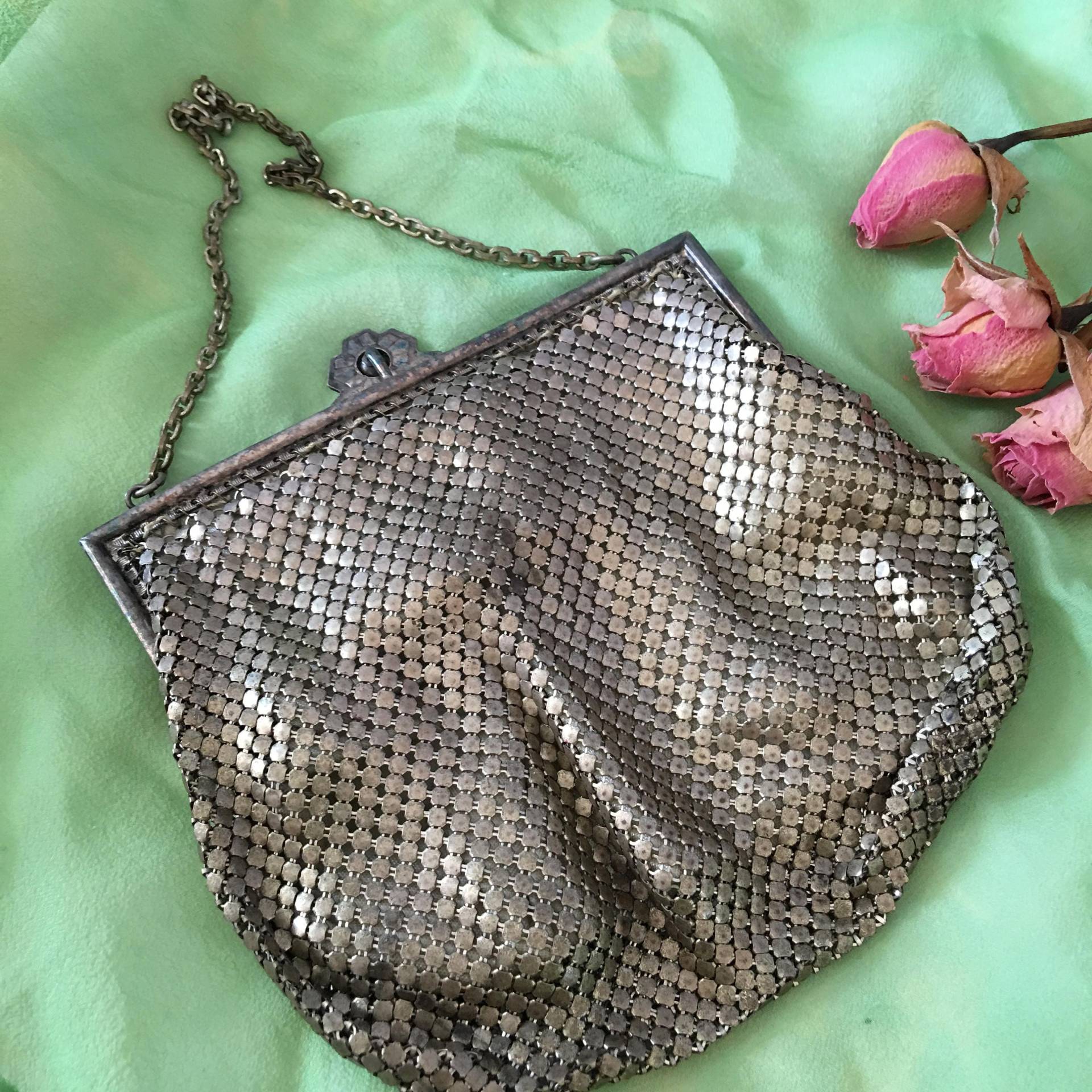 Vintage Silber Platte Mesh Abendtasche Mit Art Deco Snap Verschluss Öffner. Geldbörse Abendtasche. Seide Futter von VeryVictorianStudio