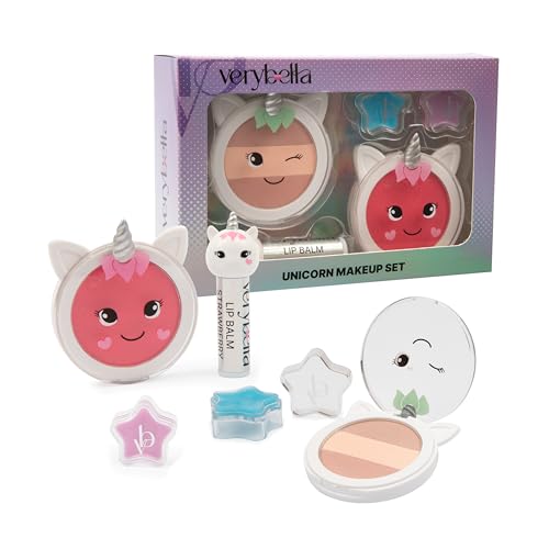 verybella - Make-up-Set mit Einhorn-Thema - 1 Blush - 1 Lidschatten in warmen Tönen - 1 Lip Balm Erdbeere - 2 Lip-Balsam mit Glitzer - Lippenbalsam pflegt und schützt von verybella