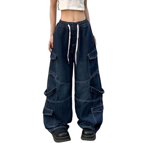 Veryin Baggy Jeans für Damen Y2K Denim Cargo Hose Loose High Taille Casual Wide Leg Kordelzug Boyfriend Hose mit Taschen von Veryin