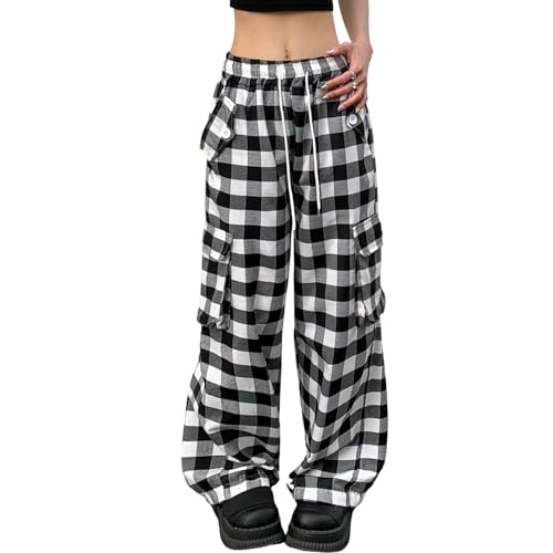 Veryin Cargohose Damen Baggy Karierte Hose High Waist Y2k Pants mit Taschen Wide Leg Freizeithose mit Gummizug Weite von Veryin