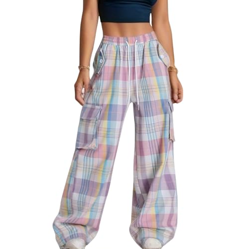 Veryin Cargohose Damen Baggy Karierte Hose High Waist Y2k Pants mit Taschen Wide Leg Freizeithose mit Gummizug Weite von Veryin