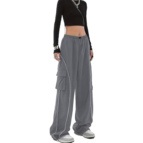 Veryin Damen Baggy Track Pants Y2K Streetwear Weites Bein Fallschirmhose Elastische Taille Casual Sport-Cargohose mit Taschen von Veryin