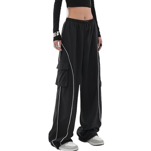 Veryin Damen Baggy Track Pants Y2K Streetwear Weites Bein Fallschirmhose Elastische Taille Casual Sport-Cargohose mit Taschen von Veryin