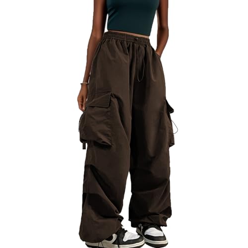 Veryin Damen Cargohose Baggy Elastische Taille mit Kordelzug Einstellbar Oversized Vintage Weites Bein Sweathose Trendige Hose Tasche von Veryin