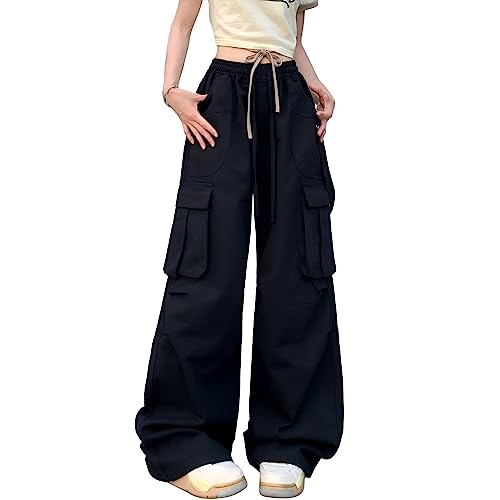 Veryin Damen Cargohose Baggy Hose Y2K Fallschirmhose Vintage Mädchen Weite Bein Hohe Taille Elastische Trendige Streetwear von Veryin