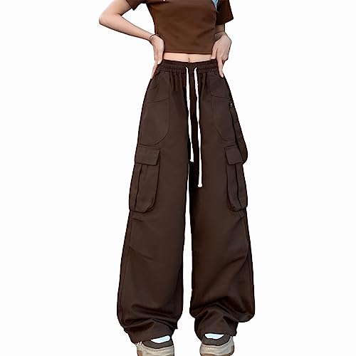 Veryin Damen Cargohose Baggy Hose Y2K Fallschirmhose Vintage Mädchen Weite Bein Hohe Taille Elastische Trendige Streetwear von Veryin