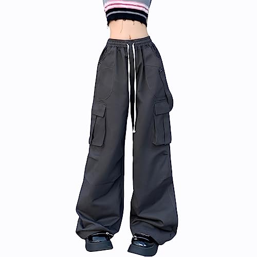 Veryin Damen Cargohose Baggy Hose Y2K Fallschirmhose Vintage Mädchen Weite Bein Hohe Taille Elastische Trendige Streetwear von Veryin