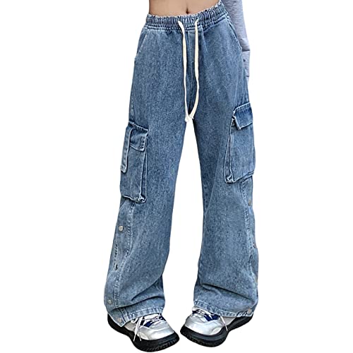 Veryin Jeans für Damen Baggy Cargo Hose High Waist Y2K Boyfriend Casual Loose Wide Leg Kordelzug Taschen mit Kette von Veryin