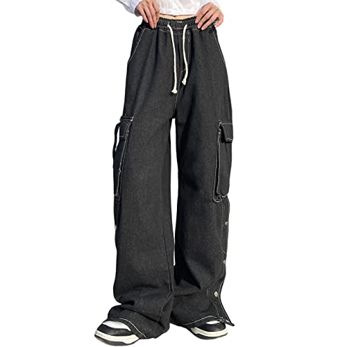 Veryin Baggy Jeans für Damen Cargo Hose High Waist Y2K Boyfriend Casual Loose Wide Leg Kordelzug Taschen von Veryin