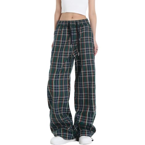 Veryin Karierte Hose Damen Baggy High Waist Y2k Pants mit Taschen Wide Leg Freizeithose mit Gummizug Weite von Veryin