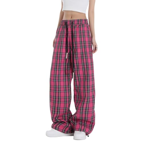 Veryin Karierte Hose Damen Baggy High Waist Y2k Pants mit Taschen Wide Leg Freizeithose mit Gummizug Weite von Veryin