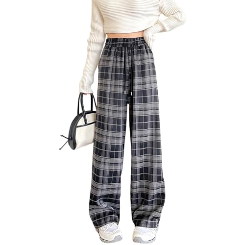 Veryin Karierte Hose Damen High Waist Y2k Weite Hose Baggy Wide Leg Teenager Mädchen Freizeithose Streetwear von Veryin