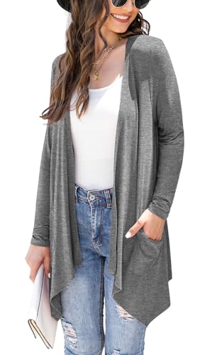 Veryoung Damen Leichte Cardigan Casual Weich Langarm Blumen Strick Strickjacken mit Taschen Hoher Niedriger Saum Drapierter Staubwedel, A02-dunkel_grau, Groß von Veryoung