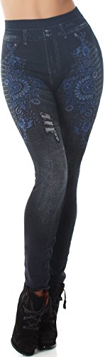 Veryzen Damen High Waist Jeggings Print-Leggings Hoher Bund Jeans-Look Bedruckt Blaue Blumen 36 38 von Veryzen