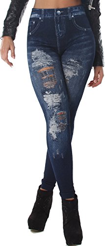 Veryzen Damen High Waist Jeggings Risse Destroyed Leggings Hoher Bund Jeans-Look 'Blue Jeans' 34 36 38 von Veryzen