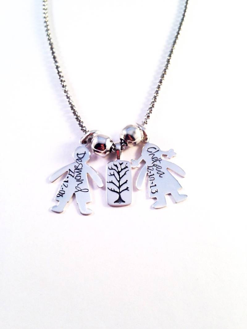 Personalisierte Sterling Silber Kleine Menschen, Junge Und Mädchen Mit Stammbaum Hand Gestempelt Halskette von VerzillaShop