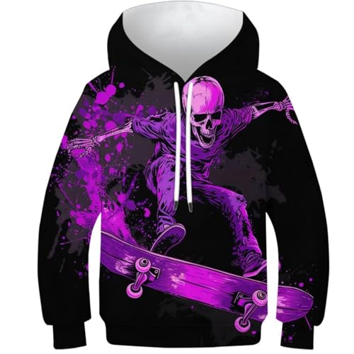 VesFy Cooles Skateboard Sweatshirt 3D Druck Skelett Kapuzenpullover Pullover Hoody Mit Tasche Drawstring Streetwear Hoodie Eignung Jungen Und Mädchen Casual Langarm Unisex 8-10Y von VesFy