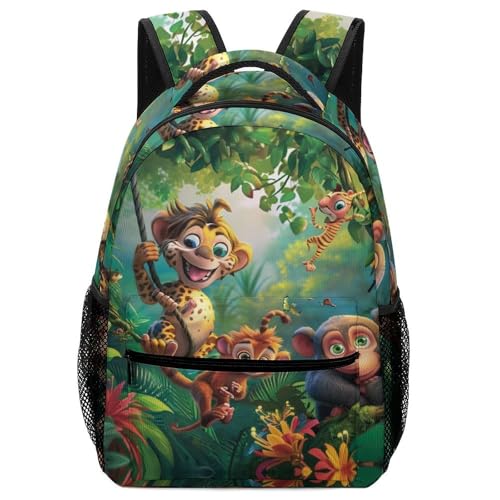 VesFy Dschungeltiere Grundschule Rucksack Wildtiere Schulranzen Verstellbare Gurte Buchtasche ReiserucksäCke FüR Jungen MäDchen One Size von VesFy