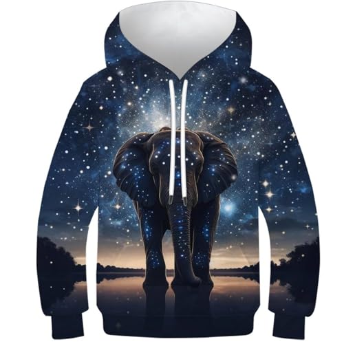 VesFy Elefant 3D Druck Tier Pullover Sweatshirt Kapuzenpullover Hoody Drawstring Mit Tasche Hoodie Streetwear Eignung Jungen Und Mädchen Casual Langarm Unisex 9-11Y von VesFy