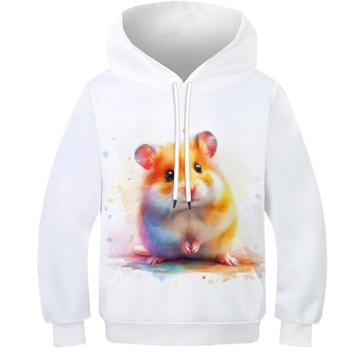 VesFy Hamster Sweatshirt Pullover Jumper Hoody 3D Druck Tier Hoodie Mit Tasche Streetwear Drawstring Eignung Jungen Und Mädchen Casual Langarm Unisex 8-10Y von VesFy