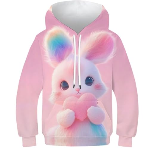 VesFy Rosa Hase Hoody Sweatshirt Pullover Kapuzenpullover 3D Druck Tier Hoodie Streetwear Mit Tasche Drawstring Eignung Jungen Und Mädchen Casual Langarm Unisex 9-11Y von VesFy