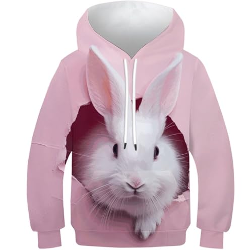 VesFy Rosa Hase Kapuzenpullover Pullover Sweatshirt 3D Druck Tier Hoody Streetwear Drawstring Mit Tasche Hoodie Eignung Jungen Und Mädchen Casual Langarm Unisex 10-12Y von VesFy
