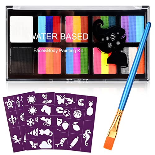 Gesichts und Körperbemalungsset,10 Farben Gesicht Body Painting Öl 2 Pinsel,Rainbow Strip Set Gesicht Körperbemalungspalette,Körperbemalung Pigment Make-up Bemalungsset für Kinder Erwachsene Halloween von Vesaneae