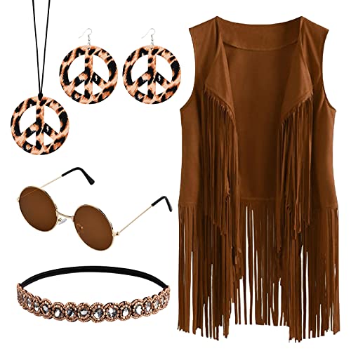 Vesaneae Hippie Kleidung Damen, Hippie Kostüm Damen Set, Damen Disco Outfit, Braun Fransenweste Damen, Damen 70er Hippie Accessoires, Hippy Damen Party Outfi, Hippie Bolero Karneval Faschingskostüme von Vesaneae