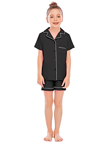 Veseacky 5-13 Jahre alt Jungen und Mädchen Schlafanzüge Kurze Ärmel Shorts Pyjamas Knopf bis Zweiteilige Set(150,Black) von Veseacky