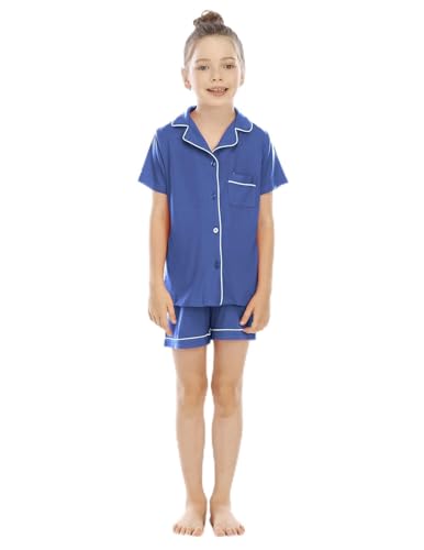 Veseacky 5-13 Jahre alt Jungen und Mädchen Schlafanzüge Kurze Ärmel Shorts Pyjamas Knopf bis Zweiteilige Set(150,Blue) von Veseacky