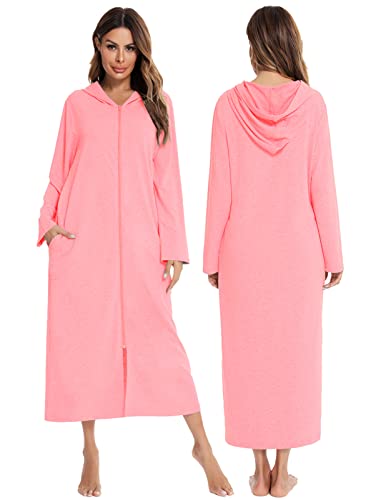 Veseacky Damen-Bademantel mit Kapuze, Reißverschluss, lange Ärmel, Hausmantel, volle Länge, Nachthemd mit Taschen, S-XXL, H0125-Pink, 48 von Veseacky