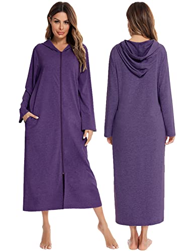 Veseacky Damen-Bademantel mit Kapuze, Reißverschluss, lange Ärmel, Hausmantel, volle Länge, Nachthemd mit Taschen, S-XXL, H0125 Violett, 46 von Veseacky