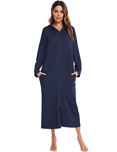 Veseacky Damen-Bademantel mit Kapuze und Reißverschluss, langärmelig, Hausmantel, volle Länge, Nightgonw mit Taschen, S-XXL Gr. 38, marineblau von Veseacky